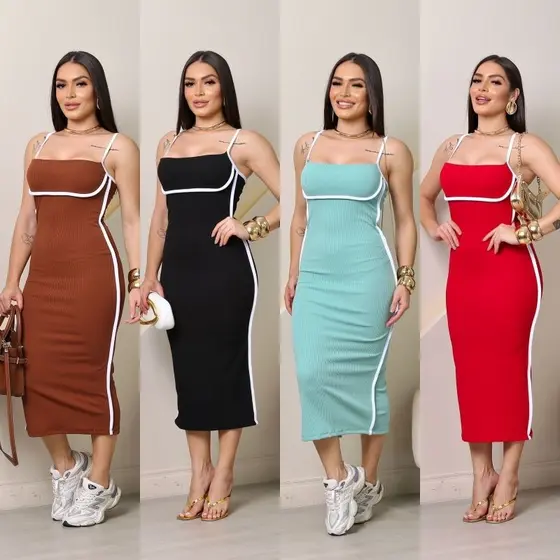 Vestido Feminino Midi Bicolor Canelado Anarruga Fenda Verão Tendência