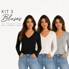 Kit 3 Blusas Femininas Manga Longa Gola V Básica Segunda Pele Casual Inverno Moda Feminina