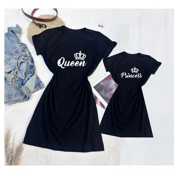 Kit Vestido Quenn e Princess RAinha Princesa Camiseta / Camisetão Tal mãe Tal filha Combinando iguais.