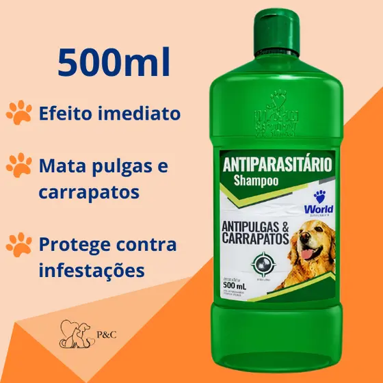Shampoo Antiparasitário Antipulgas e Carrapatos Para Cães 500ml World Veterinária