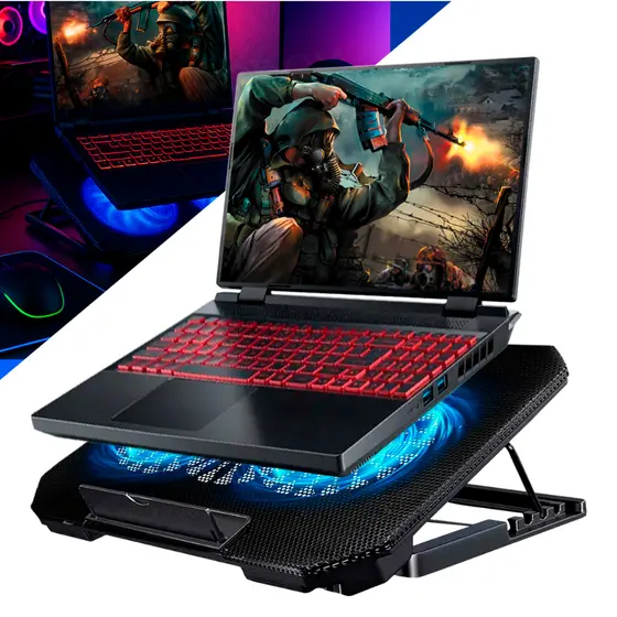 Suporte Base Notebook Preta Com Cooler 12 a 17 Polegadas Ergonômica Refrigeração Com Led Azul