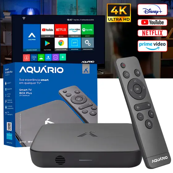 Smart Box TV Aquário STV-3000 Plus 4K Android 11 Wi-Fi HDMI RCA Original NF