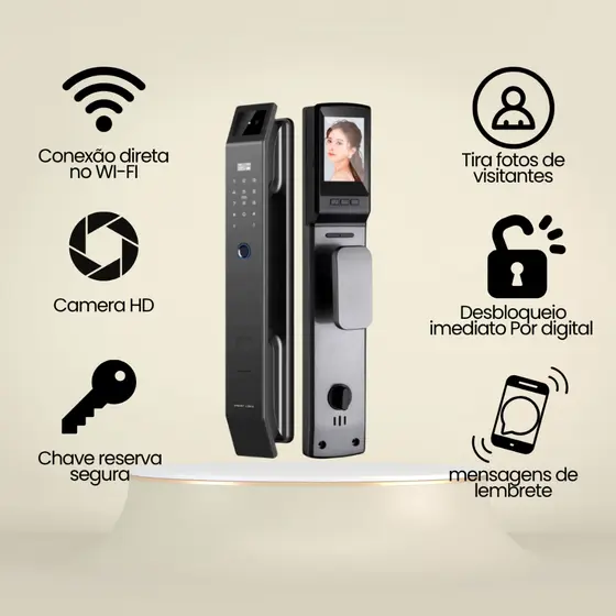 Fechadura eletrônica inteligente câmera, reconhecimento facial 3D, Digital Biométrica Envio Imediato