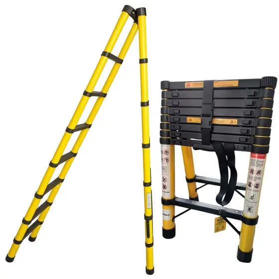 Escada Retrátil 2.5 + 2.5m Suporte Dobrável Altura Ajustável Amarela