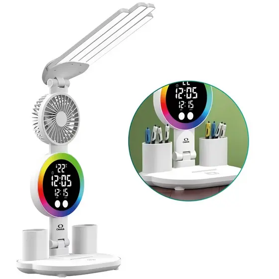 Luminária Grande Mesa Touch Ventilador Relógio Temperatura
