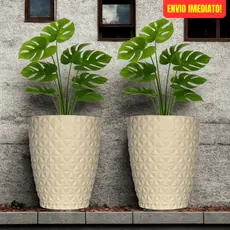 Kit 2 Vasos para Plantas e Decoração Redondo Diamante em Polietileno 35x23x42cm COM PRATO COLETOR