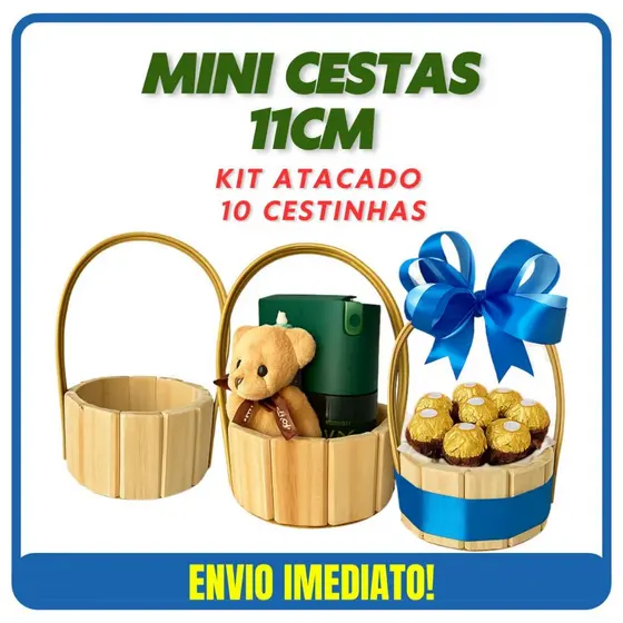Kit 10 Cestas Mini 11 Centímetros de Madeira Cesta Para Presente