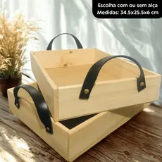 Bandeja Decorativa de Pinus 34.5x25.5x6cm sem e Com Alça de Couro Cantinho do Café Bandeja