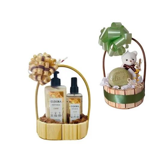 Kit 20 cesta de Madeira Pinus 10 oval + 10 redonda com alça cesta para presente