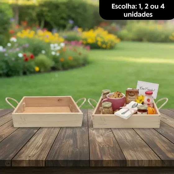 Bandeja Decorativa de Pinus P 27x20x6cm Cantinho do Café Bandeja Café da Manhã Com Alça de Sisal