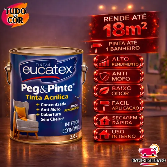 Tinta para Parede Pegue e Pinte Acrílica Eucatex 3,6 Litros, Anti Mofo, Sem Cheiro, Interna