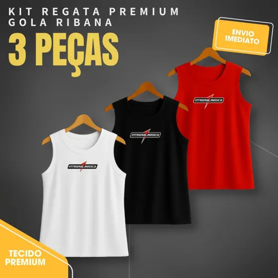 Kit com 3 Regatas Dry Fit Gola Ribana Integral Médica - Academia, Esporte, Antiodor, Corrida - PAVVO