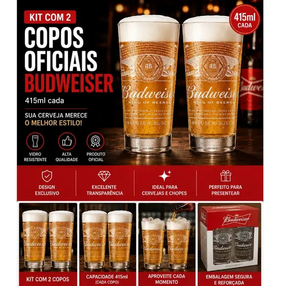 Jogo 2 Copos de Vidro Budweiser Oficial 415ml – Copos Personalizados para Cerveja | Vidro Resistente