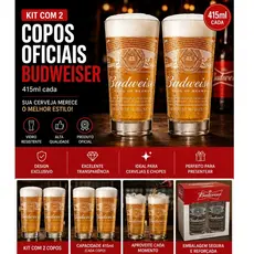 Jogo 2 Copos de Vidro Budweiser Oficial 415ml – Copos Personalizados para Cerveja | Vidro Resistente