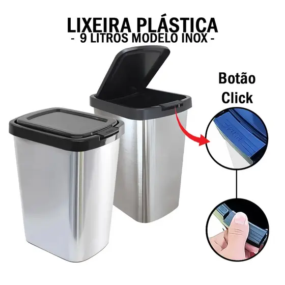 Lixeira Cesto Inox 9L Cozinha Banheiro | Plástica Retangular Com Tampa Click Abre Fecha resistente