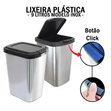 Lixeira Cesto Inox 9L Cozinha Banheiro | Plástica Retangular Com Tampa Click Abre Fecha resistente