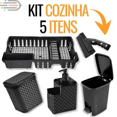 Kit Pia Cozinha Rattan Preto | Lixeira 5L - 7L Escorredor Dispenser | Porta Detergente Rodo