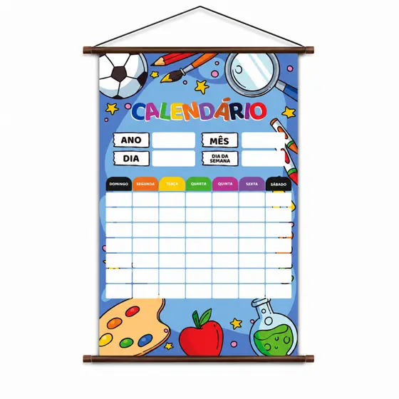 Banner Lona Fosca Calendário Infantil Escolar com Bastão e Cordão