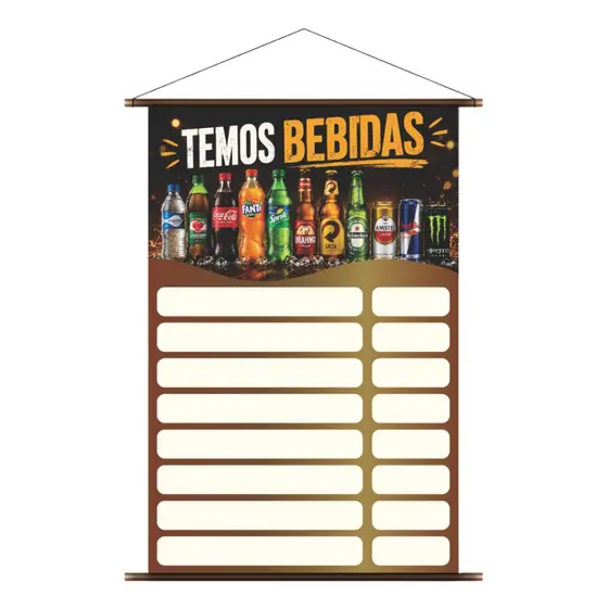 Banner Lona Fosca Bebidas Bar Adega Lanchonete com Bastão e Cordão