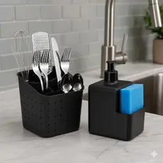 Kit Dispenser Detergente C/ Porta Bucha e Porta Talher Preto