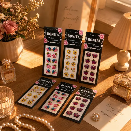 Kit 300 Adesivos de Unha 3D com Pedrarias – Nail Art Delicada com Flores e Borboletas Coloridas---WYL
