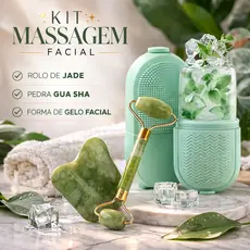 Kit Massageador Facial Jade Verde + Pedra Gua Sha e Molde para Crioterapia Facial - WYL