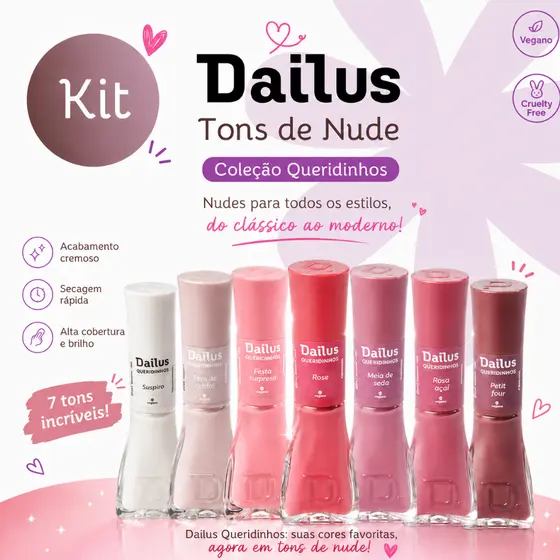 Kit Esmaltes Dailus Coleção Queridinhos - Tons de Nude, Rose e Marrom - Manicure Unhas Perfeitas
