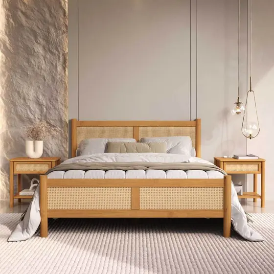 Cama Casal Padrão 140 x 190 cm Cabeceira de Palhinha Madeira Freijó Cefira