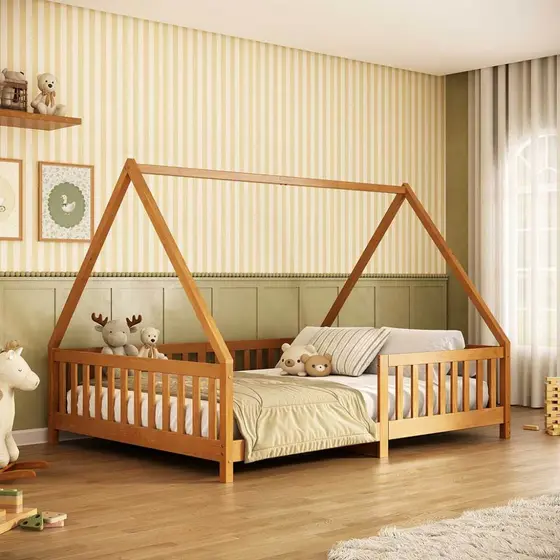 Cama Casal Montessoriana Infantil Telhado Removível Madeira Mel Com Estrado Ravi com Pe