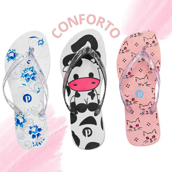 Kit 3 Pares Chinelo Feminino Leve Macio