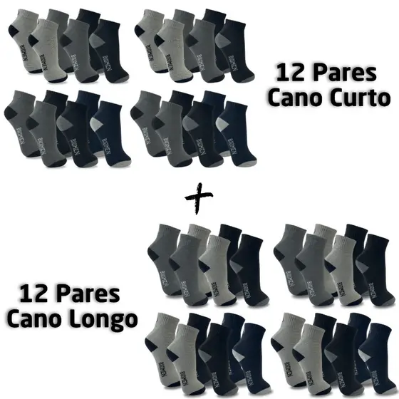 Kit de Meias Masculina Cano Curto e Cano Longo Kit de 6 à 24 Pares