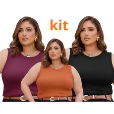 Kit 3 Regatas Plus Size Feminina com Elastano Não Transparente Premium