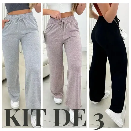 Calça pantalona de lazinho feminina cintura alta com bolso pra inverno
