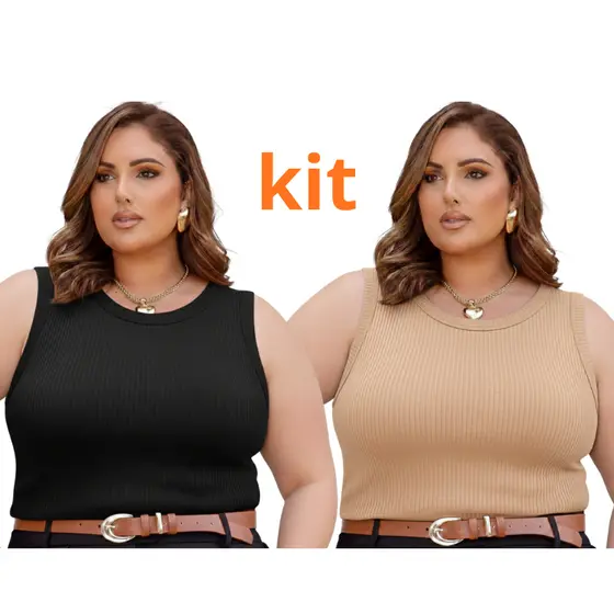 Kit 2 Regatas Femininas Plus Size Caneladas com Elastano Não Transparente