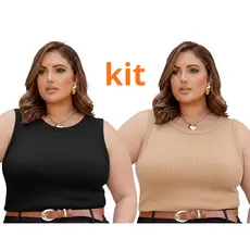 Kit 2 Regatas Femininas Plus Size Caneladas com Elastano Não Transparente