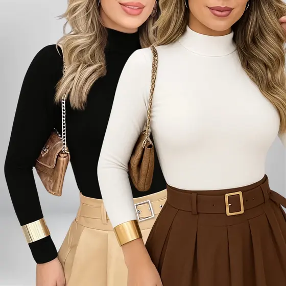 Blusa manga longa feminina Cacharrel Confortável Básico Gola Alta