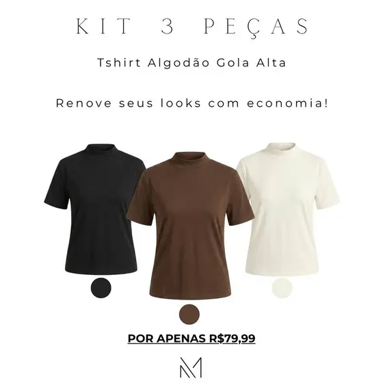 Kit De Tshirt Gola Alta Em Algodão Marrom Preto E Off White Roupa Feminina Moderna E Básica