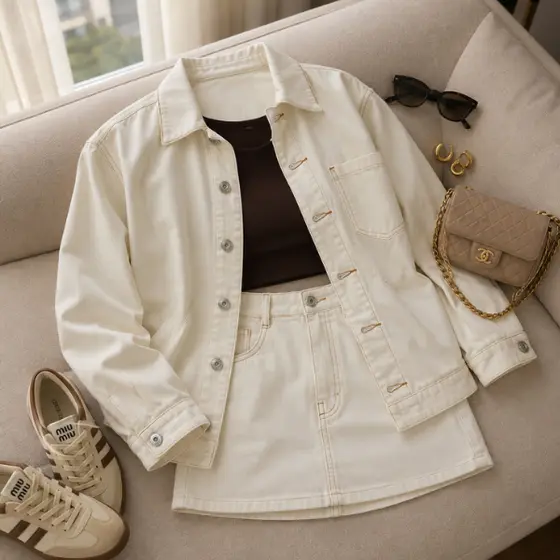 Conjunto Max Camisa Over Com Shorts Saia Jeans Na Cor Branco Moda Feminina Casual Elegante