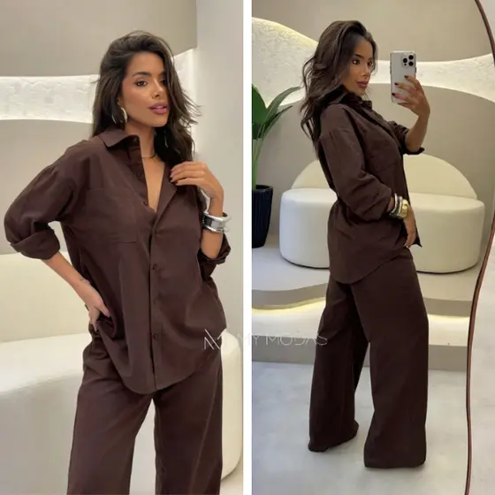 Conjunto Feminino Camisa e Calça Pantalona Linho Elegante Social Alfaiataria Manga Longa Casual