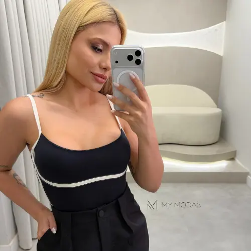 Body Feminino Poliamida Alcinha Contrastante Modelador Elegante Moda Casual Fashion Chic Trend