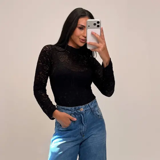 Body de renda gola alta tule manga longa inverno transparente festa mulher
