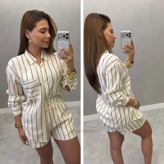 Conjunto Camisa E Shorts Viscolinho Pre Lavado Feminino Elegante Confortavel Casual Verão Tendencia