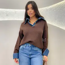 Suéter Modal Feminino com Detalhe Jeans Elegante Casual Inverno Moda Premium Chic