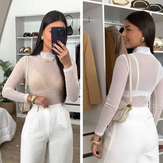 Body De Tule Com Elastano Modelagem Ajustada Elegante Para Looks Casuais E Festas Feminino