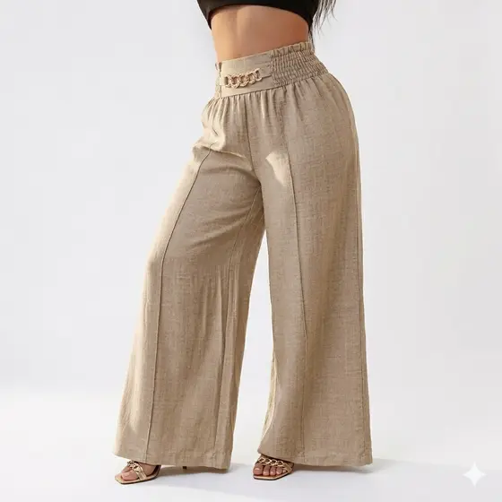 Calça Femenina Pantalona de Linho  – Cintura Alta com Cinto Fake e Bolsos Laterais
