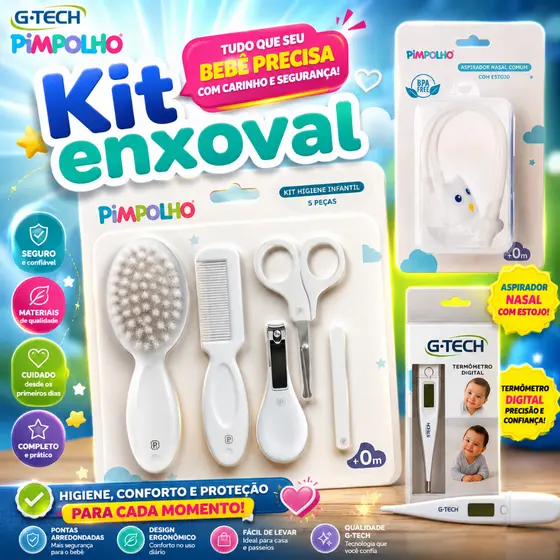 Kit Higienico bebe 8 Peças Premium –Com Termômetro G-Tech+Aspirador Nasal c/Estojo Pimpolho e G-tech