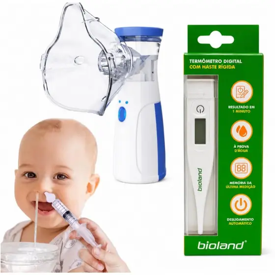 Kit Nebulizador inalador mesh + Termômetro bioland + 2 Seringas Lavagem Nasal