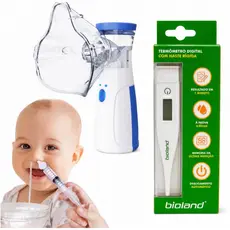 Kit Nebulizador inalador mesh + Termômetro bioland + 2 Seringas Lavagem Nasal