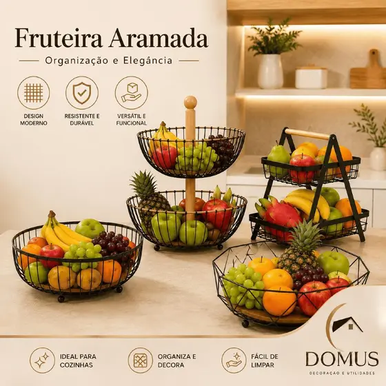 Fruteira de Mesa Dois Andares de Ferro e Bambu para Café da Manhã de Metal Preto Multiuso