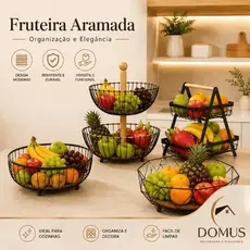 Fruteira de Mesa Dois Andares de Ferro e Bambu para Café da Manhã de Metal Preto Multiuso